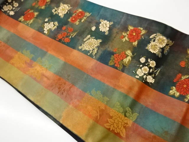 長谷川織物製　引箔縞に梅・菊・椿模様織出し名古屋帯